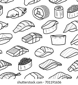 A lot of sushi in black outline random on white background. Cute Japanese food illustration hand drawn style. Seamless pattern.