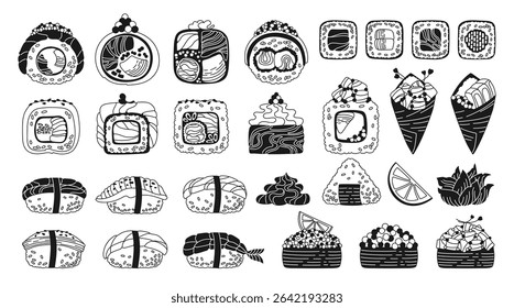Sushi black and white doodle set. Traditional Asian Japanese food big linear set. Different Sushi seafood Philadelphia, roll California nigiri sashimi flat vector for oriental menu cafe bar restaurant