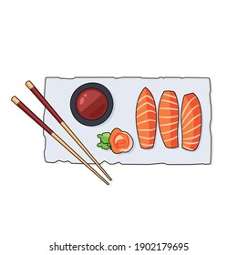 Sushi board vector illustration. Cartoonish illustration of sushi board with salmon nigiri, wasabi, ginger, soy sauce and chopsticks. Japan, Japanese cuisine, asian culture concepts.