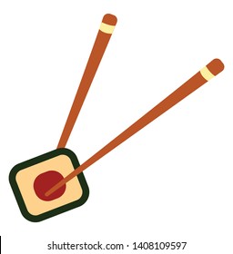 Sushi in a bowl with two chopsticks, vector, color drawing or illustration. 