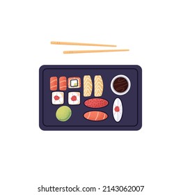 Sushi box, set with chopsticks. Japanese sea food with rice, red fish, tuna, salmon, caviar and nori. Japan rolls, maki and nigiri with sauces. Flat vector illustration isolated on white background.