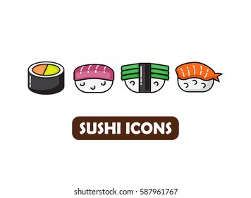 Sushi bright flat outline icons, Asian food