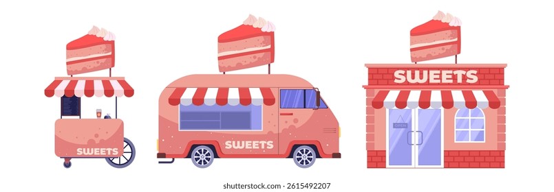 Sushi building, food cart, track  on isolated background. Vector collection in a flat style