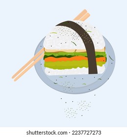 Sushi burger with avocado, with vegetables, with tuna. Sprinkle with black sesame. Eat with chopsticks. With teriyaki sauce.