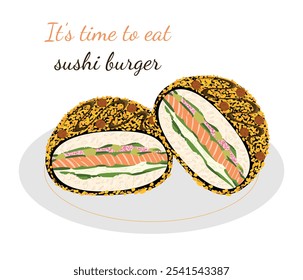 Sushi burger with salmon meat, onion, rice, avocado, masago caviar and cream cheese fried in breadcrumbs on plate with sauce isolated on white background. Hand drawn vector illustration in flat style