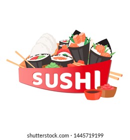 Sushi cafe banner, poster vector illustration. Japanese cuisine in cartoon style. Asian food wirh rice. Salmon and flying fish. Traditional national dishes for menu, advertisement.
