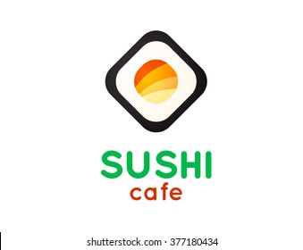 Sushi cafe or sushi bar vector logo. Sushi with fresh tuna sign. Salmon sushi vector icon. Sushi bar menu. Traditional japan sushi. 