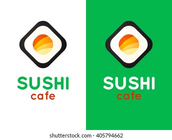 Sushi cafe or sushi bar vector logo. Sushi with fresh tuna sign. Salmon sushi vector icon. Sushi bar menu. Traditional japan sushi. 