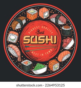 Sushi café colorido volante vintage para menú japonés con palillos entre rollos de maki con ilustración vectorial de arroz y marisco