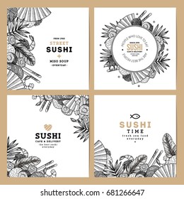 Sushi cafe and restaurant banner collection. Asian food background. Vector illustration