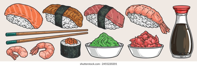 Sushi café set pegatinas coloridas con rollos de pescado y marisco en la almohadilla de arroz y botella de Ilustración vectorial de salsa de soja