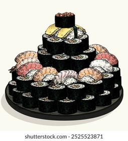 sushi bolo sobremesa piada deliciosa comida deliciosa comida asiática prato restaurante japonês desenhar ilustração linear isolada no fundo branco