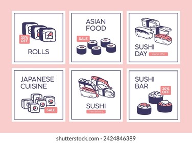 Sushi cards designs set. Asian cuisine bar, Japanese food restaurant, square promo backgrounds. Japan susi rolls, maki sale, delivery, promotion offer post templates. Flat vector illustrations