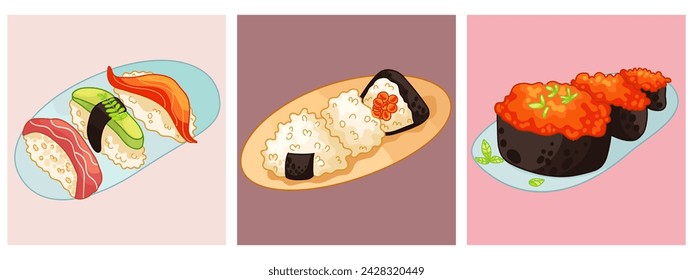 Sushi cards designs set. Asian cuisine bar, Japanese food restaurant, square promo backgrounds. Japan sushi rolls, takoyaki and others. Flat vector illustrations