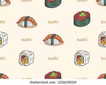 Sushi cartoon character seamless pattern on orange background