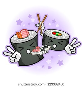 Sushi Cartoon Characters Giving Peace Signs and Eating with Chop Sticks