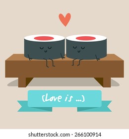 Sushi Cartoon Characters Postcard Valentine's Day.  Illustration with funny characters. Love and hearts. Comic food.