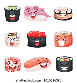 Sushi cartoon characters set, Japanese food with funny faces vector Illustrations