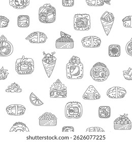 Sushi cartoon doodle seamless pattern. Traditional Asian Japanese food boundless background. Different types sushi seafood endless vector design for print fabric textile wrapper backdrop template