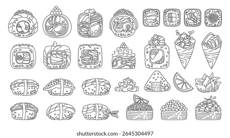 Sushi cartoon doodle set. Traditional Asian Japanese food big set. Different Sushi seafood Philadelphia, maki roll California, nigiri sashimi flat linear vector for oriental menu cafe bar restaurant