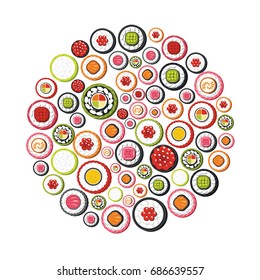 Sushi cartoon icons set on circle. Sushi vector illustration for design and web isolated on white background. Sushi vector object for labels, logos and advertising