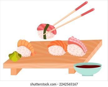 Sushi. Cartoon isolated plate with chopsticks and rolls with rice, salmon for food with soy sauce, wasabi and ginger at sushi bar or Japanese. Restaurant of Asian cuisine. Vector weekend isolated