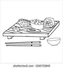 Sushi. Cartoon isolated plate with chopsticks and rolls with rice, salmon for food with soy sauce, wasabi and ginger at sushi bar or Japanese. Restaurant of Asian cuisine. Vector weekend isolated