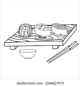 Sushi. Cartoon isolated plate with chopsticks and rolls with rice, salmon for food with soy sauce, wasabi and ginger at sushi bar or Japanese. Restaurant of Asian cuisine. Vector weekend isolated