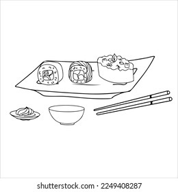 Sushi. Cartoon isolated plate with chopsticks and rolls with rice, salmon for food with soy sauce, wasabi and ginger at sushi bar or Japanese. Restaurant of Asian cuisine. Vector weekend isolated