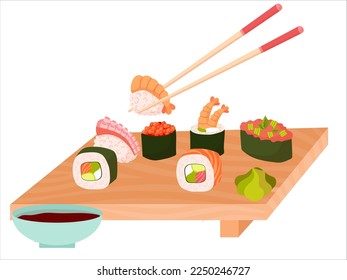 Sushi. Cartoon isolated plate with chopsticks and rolls with rice, salmon for food with soy sauce, wasabi and ginger at sushi bar or Japanese. Restaurant of Asian cuisine. Vector weekend isolated