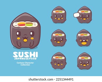 sushi cartoon. japanese food vector illustration with different expressions