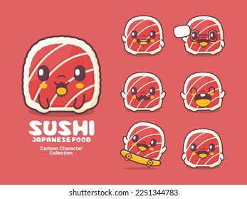 caricatura de sushi. ilustración portadora de comida japonesa con diferentes expresiones