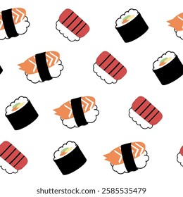 sushi cartoon, Japanese sushi pattern with seamless repeat style, replete image design for fabric printing