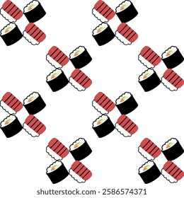 sushi cartoon, Japanese sushi pattern with seamless repeat style, replete image design for fabric printing