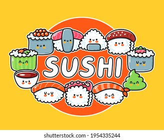 Sushi cartoon logo design. Cute funny sushi set collection. Vector hand drawn line kawaii character illustration icon. Asian food logo template, cartoon card, poster concept