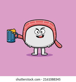 Sushi cartoon mascot character with beer glass and cute stylish design