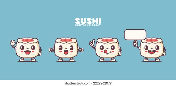 sushi cartoon mascot. japanese food vector illustration. with different expressions.