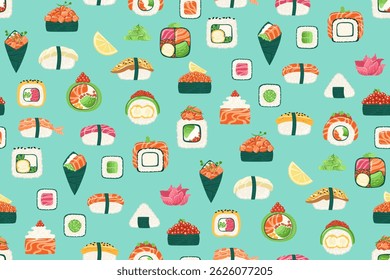 Sushi cartoon seamless pattern. Traditional Asian Japanese food boundless background. Different types sushi seafood endless vector design for paper print fabric textile wrapper backdrop template