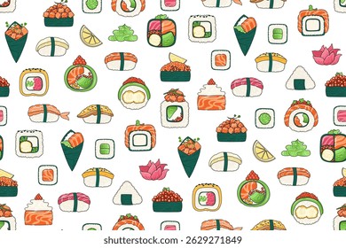 Sushi cartoon seamless pattern. Traditional Asian Japanese food boundless background. Different types sushi seafood Philadelphia, maki roll, California, nigiri sashimi endless vector design template