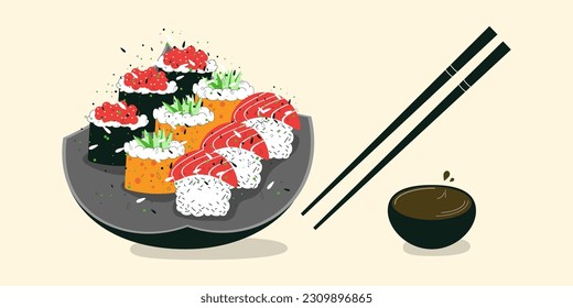 Sushi, cartoon style vector illustration, rolls with salmon, caviar, cucumber.Soy sauce, japanese sticks. Japanese traditional cuisine