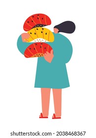 Sushi cartoon Vector illustration. Woman holding huge Sushi and rolls. Sushi art concept. Funny colored typography poster, apparel print design, bar menu decoration. Isolated. Asian cuisine