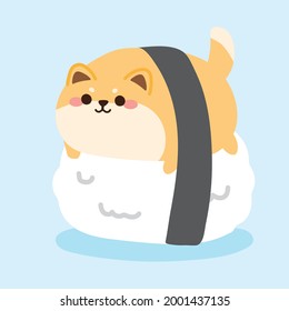 Sushi cartoon.Cute fat chiba inu dog on japanese rice on blue background.Animal Funny character design.Image for kid,logo,icon,card,shirt screen.Kawaii.Minimal.Pastel.Japanese food.Vector.Illustration