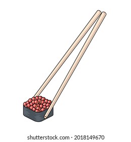Sushi with caviar, Chinese sticks. Vector 3d sketch line isometric, color icon illustration, flat style. Creative design idea and elements for infographics and website.
