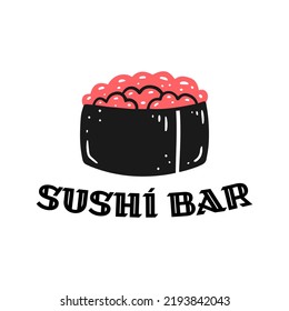 Sushi with caviar with the inscription sushi bar. Concept logo of sushi bar, Asian fast food. Vector isolated Japanese food illustration.