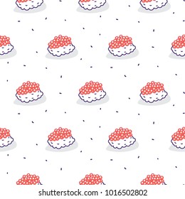 Sushi caviar seamless vector pattern. Japanese food cartoon background.