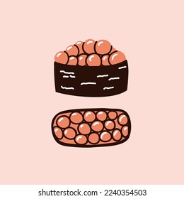 sushi with caviar wrapped in nori sheets. hand drawn vector illustration in flat style