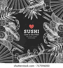 Sushi chalkboard frame illustration. Asian food background. Vector illustration