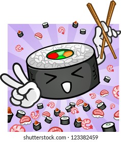 Sushi Character With Chopsticks Giving Peace Sign