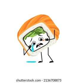 Sushi character with crying and tears emotion, sad face, depressive eyes. Person with melancholy expression, asian food emoticon. Vector flat illustration