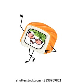 Sushi character with glasses and happy emotion, joyful face, smile eyes, arms and legs. Person with funny expression, asian food emoticon
